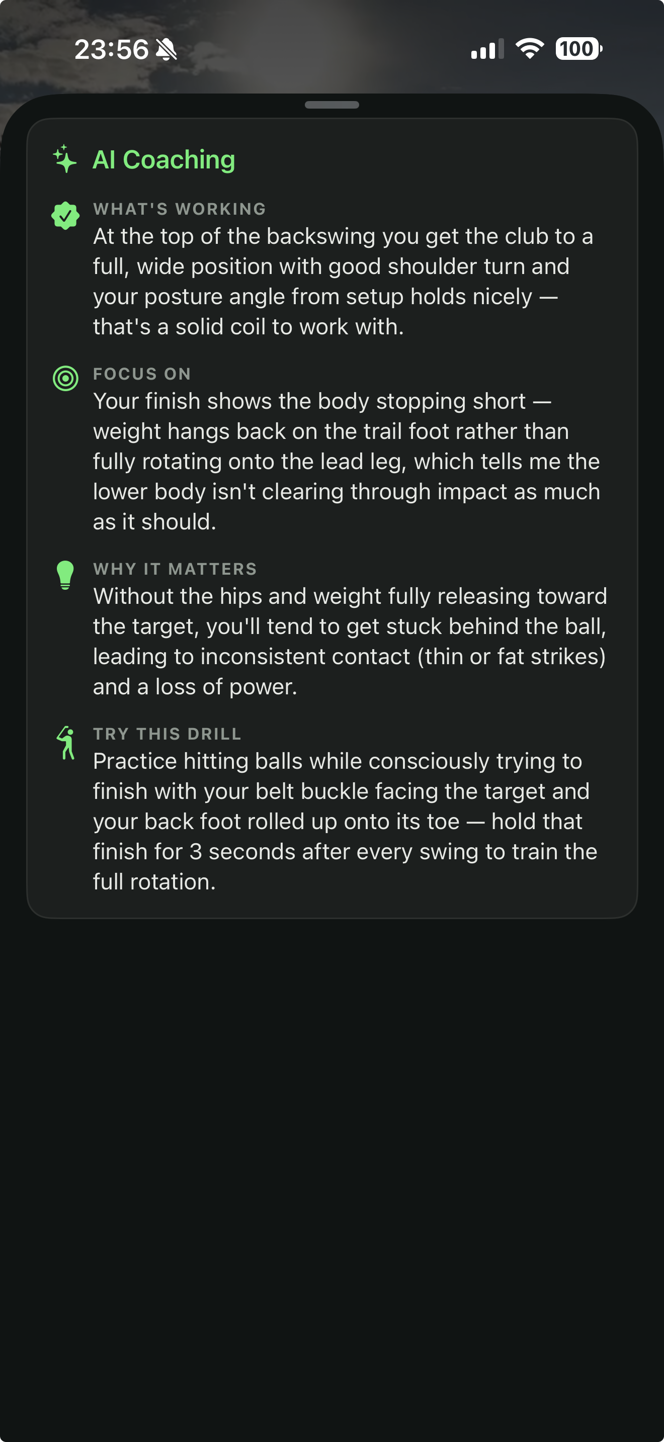 SwingSwipe AI coaching breakdown with What's Working, Focus On, Why It Matters, and Try This Drill sections