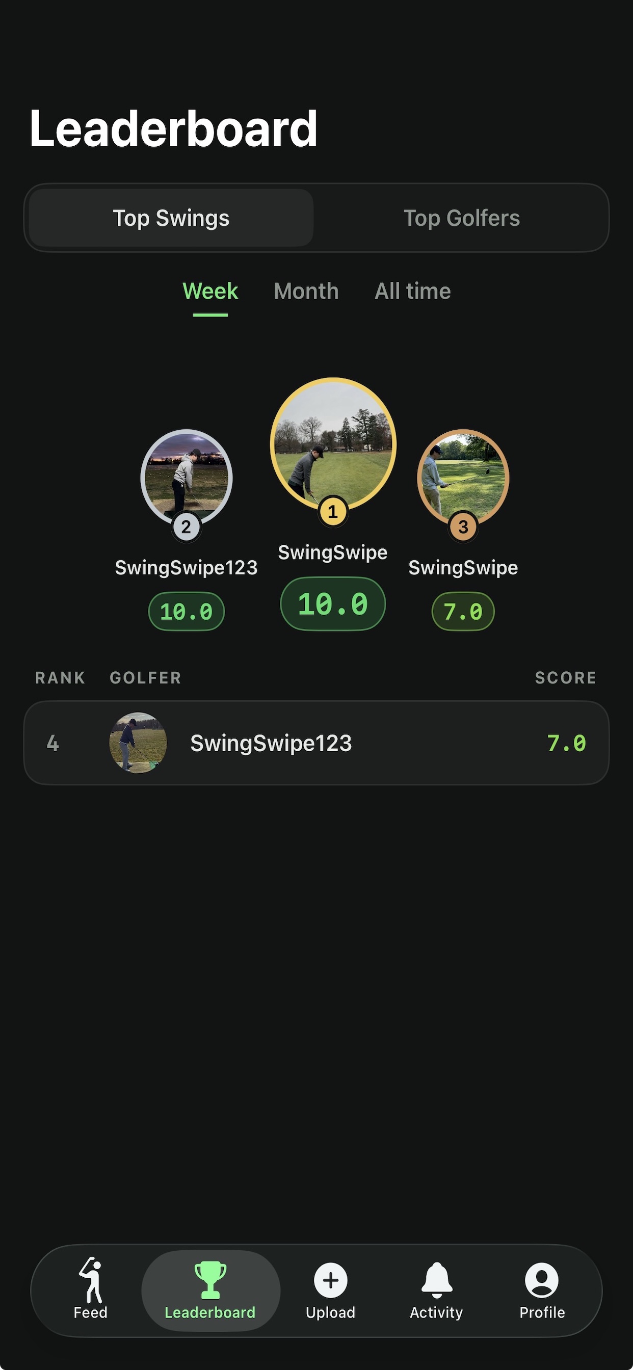 SwingSwipe leaderboard screen
