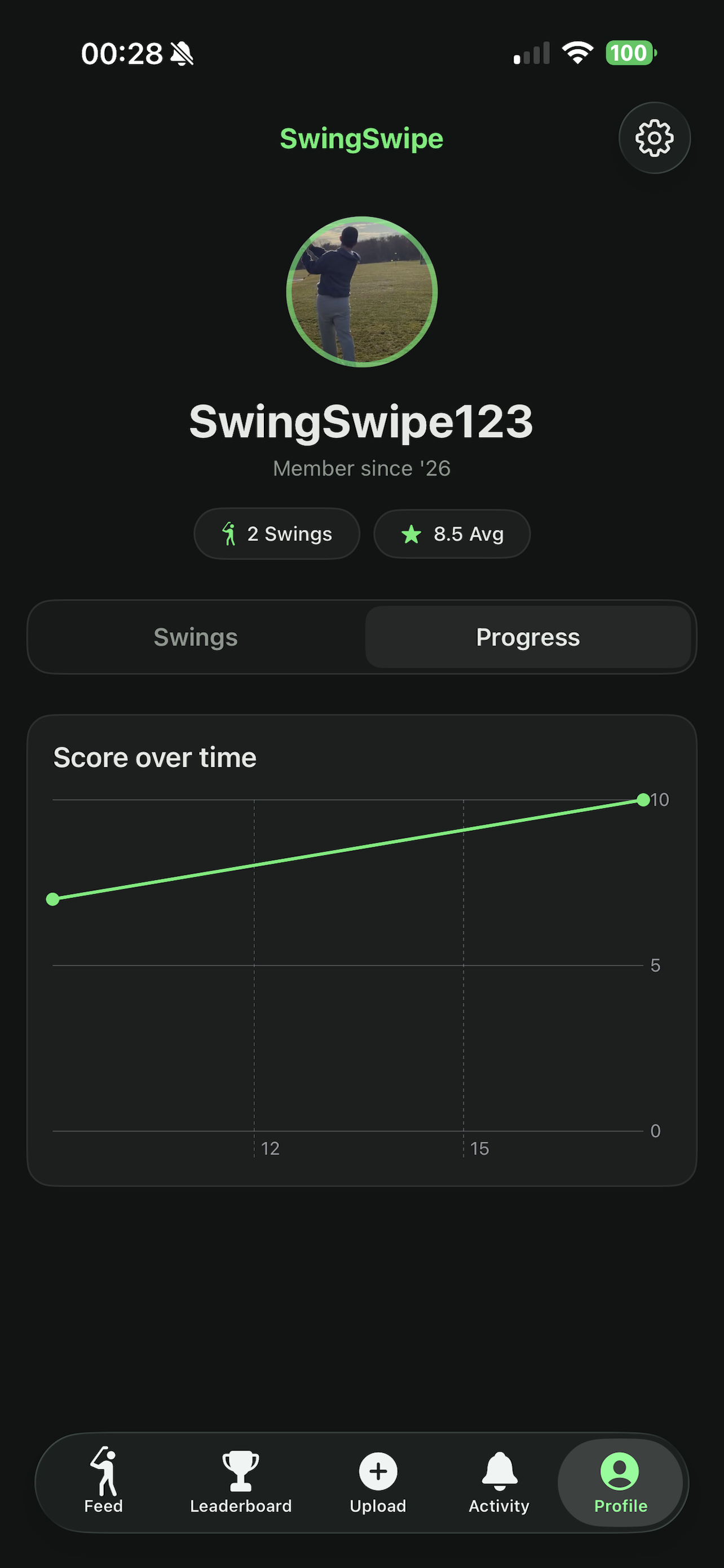 SwingSwipe profile screen with progress chart